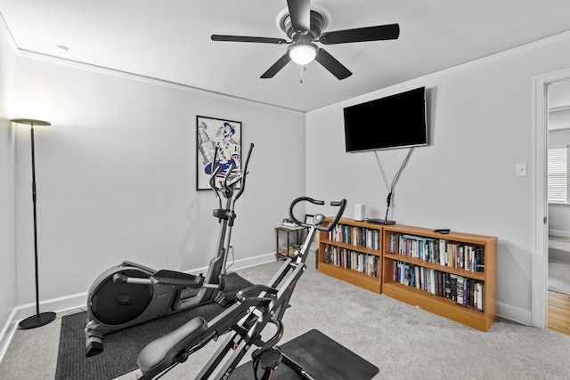 4812 Randolph Rd, North Little Rock, AR 72116 - exercise area featuring ceiling fan, ornamental molding, baseboards, and carpet flooring