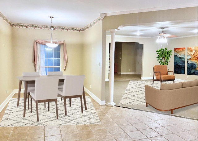 334 Grant 190009, White Hall, AR 71602 - tiled dining room featuring decorative columns, crown molding, ceiling fan, and baseboards