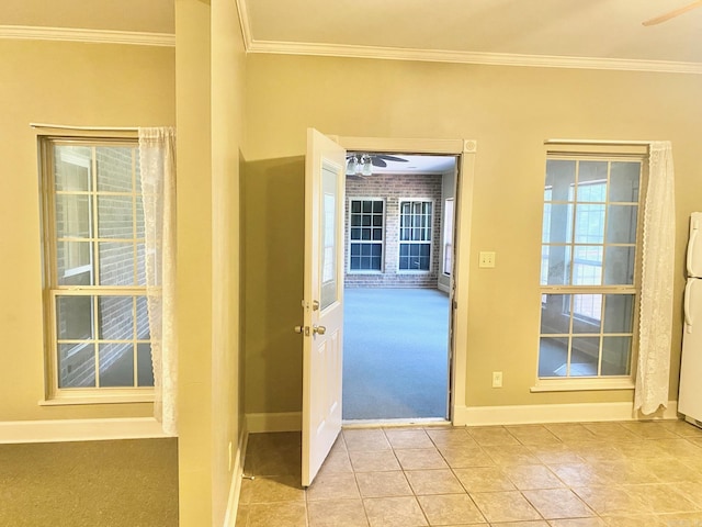 334 Grant 190009, White Hall, AR 71602 - doorway featuring ornamental molding, light colored carpet, baseboards, light tile patterned floors, and ceiling fan