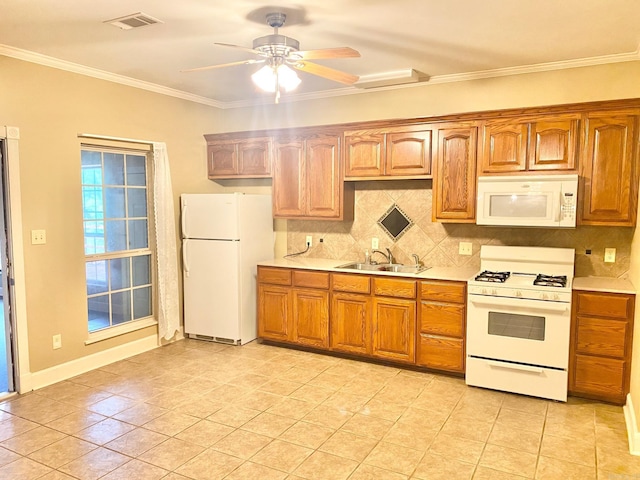 334 Grant 190009, White Hall, AR 71602 - kitchen featuring white appliances, a sink, light countertops, ornamental molding, and decorative backsplash