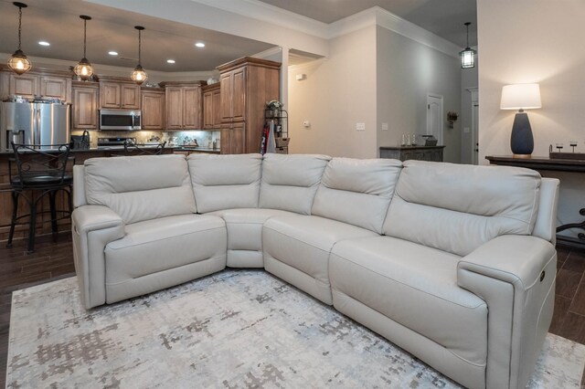 766 Mango Loop, Austin, AR 72007 - living room with ornamental molding, wood finished floors, and recessed lighting