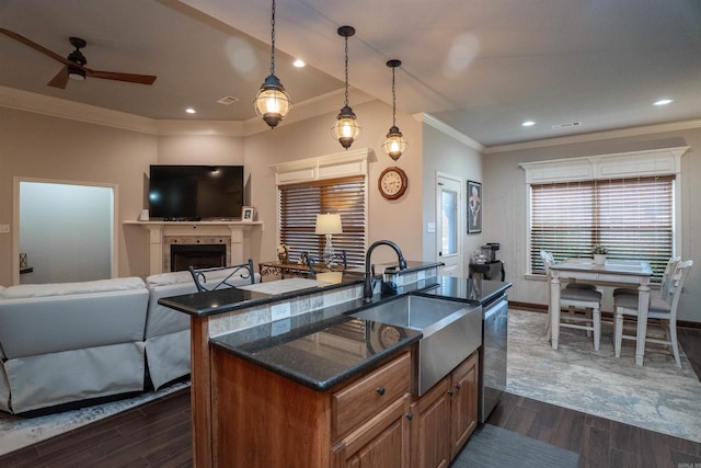 766 Mango Loop, Austin, AR 72007 - kitchen with a sink, ornamental molding, dark wood finished floors, ceiling fan, and brown cabinetry