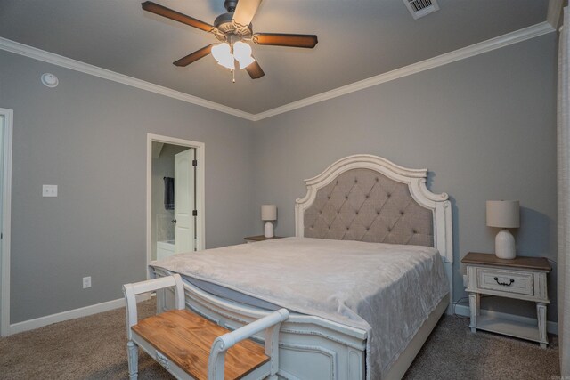 766 Mango Loop, Austin, AR 72007 - bedroom featuring carpet, crown molding, baseboards, connected bathroom, and a ceiling fan