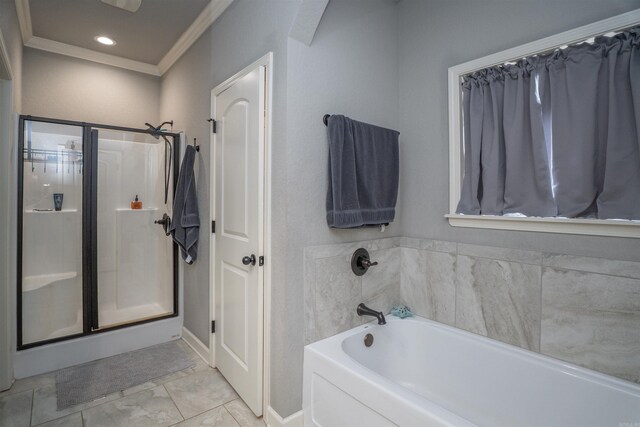 766 Mango Loop, Austin, AR 72007 - bathroom featuring a shower stall, ornamental molding, a bath, and baseboards
