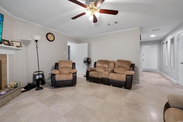 11801 Pleasant Frst, Little Rock, AR 72212 - living room with crown molding, a ceiling fan, a fireplace with raised hearth, and light tile patterned floors