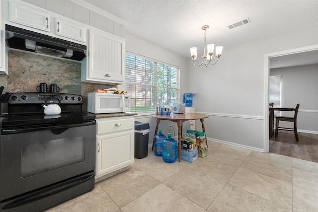 11801 Pleasant Frst, Little Rock, AR 72212 - kitchen with black electric range oven, white microwave, extractor fan, decorative backsplash, and white cabinets