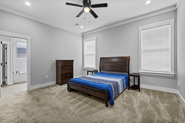 81 Fletcher Ridge Dr, Little Rock, AR 72223 - carpeted bedroom with baseboards, recessed lighting, a ceiling fan, and connected bathroom