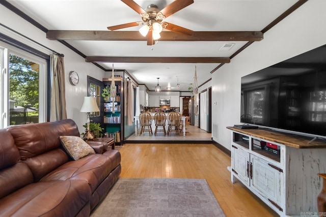 2006 Gunpowder Rd, Little Rock, AR 72227 - living area with light wood-type flooring, beamed ceiling, ceiling fan, and baseboards