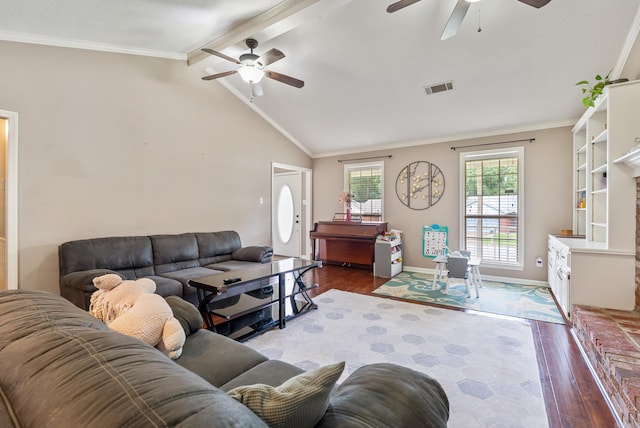 1 Forest Brook Ct, Little Rock, AR 72211 - living room featuring ceiling fan, wood finished floors, ornamental molding, and baseboards