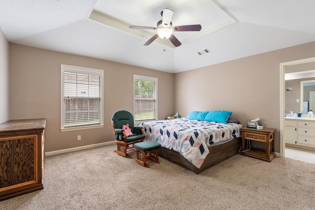 1 Forest Brook Ct, Little Rock, AR 72211 - bedroom with light carpet, connected bathroom, ceiling fan, lofted ceiling, and baseboards
