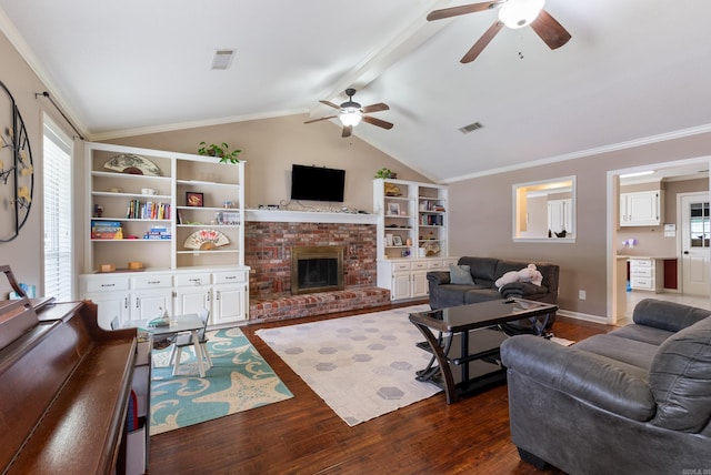 1 Forest Brook Ct, Little Rock, AR 72211 - living room with ceiling fan, dark wood finished floors, a fireplace, and baseboards