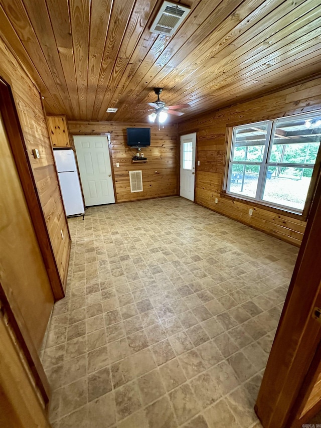 540 Polk Rd 78, Mena, AR 71953 - unfurnished living room featuring wood ceiling, a ceiling fan, and wooden walls