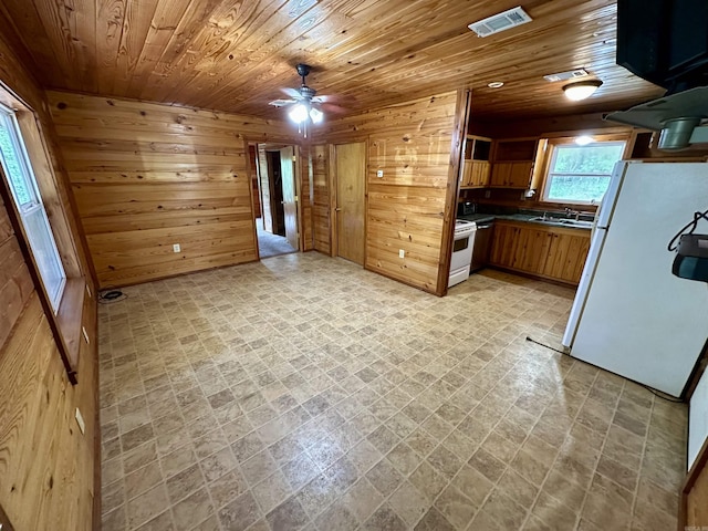 540 Polk Rd 78, Mena, AR 71953 - kitchen featuring white appliances, wooden walls, ceiling fan, wooden ceiling, and brown cabinetry