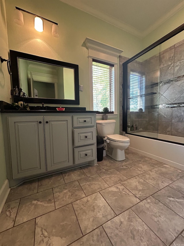 23 Whispering Dr, Alexander, AR 72002 - full bath with toilet, shower / bath combination with glass door, vanity, and crown molding