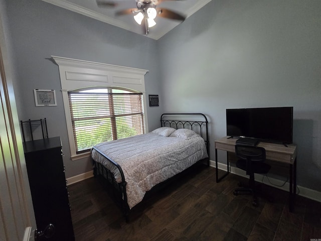 23 Whispering Dr, Alexander, AR 72002 - bedroom with baseboards, dark wood-style flooring, ornamental molding, and ceiling fan