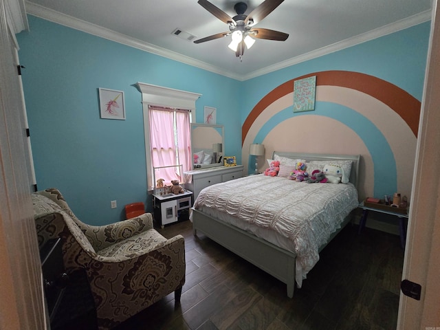 23 Whispering Dr, Alexander, AR 72002 - bedroom featuring crown molding, dark wood finished floors, and a ceiling fan