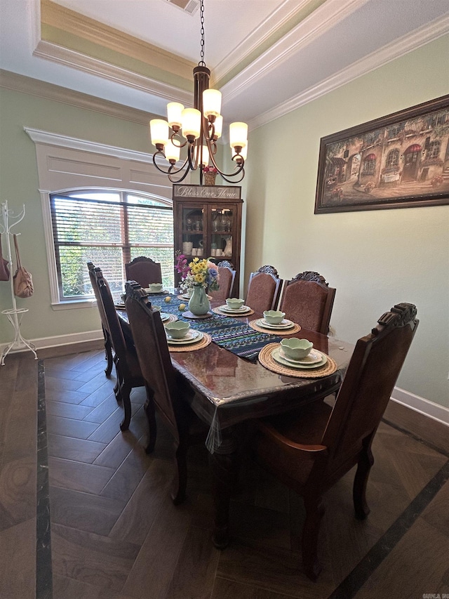 23 Whispering Dr, Alexander, AR 72002 - dining space with ornamental molding, a chandelier, baseboards, and a raised ceiling