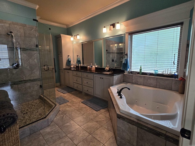 23 Whispering Dr, Alexander, AR 72002 - bathroom with ornamental molding, a whirlpool tub, a stall shower, and double vanity