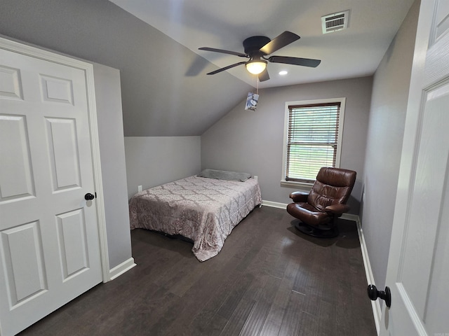23 Whispering Dr, Alexander, AR 72002 - bedroom featuring baseboards, dark wood-style floors, vaulted ceiling, and ceiling fan