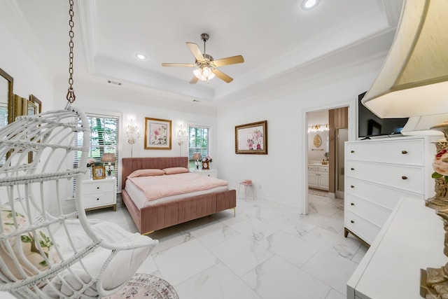 43 Earnhardt Cir, Cabot, AR 72023 - bedroom featuring a raised ceiling, recessed lighting, connected bathroom, a ceiling fan, and light marble finish flooring