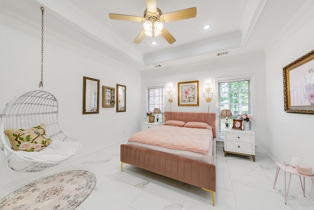 43 Earnhardt Cir, Cabot, AR 72023 - bedroom featuring light marble finish flooring, baseboards, recessed lighting, a raised ceiling, and crown molding