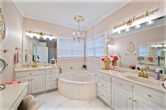 43 Earnhardt Cir, Cabot, AR 72023 - bathroom with a jetted tub, two vanities, ornamental molding, a chandelier, and marble finish floors