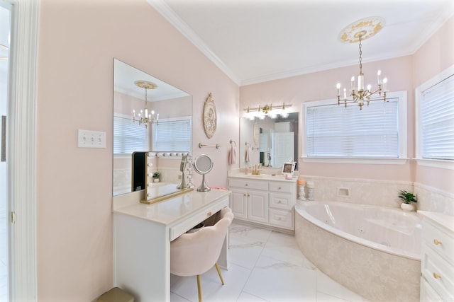 43 Earnhardt Cir, Cabot, AR 72023 - full bathroom with a chandelier, a tub with jets, ornamental molding, vanity, and healthy amount of natural light