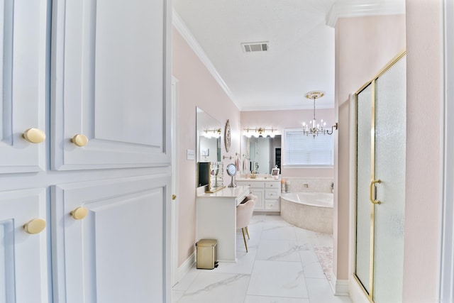 43 Earnhardt Cir, Cabot, AR 72023 - hallway with ornamental molding, a chandelier, light marble finish flooring, and baseboards
