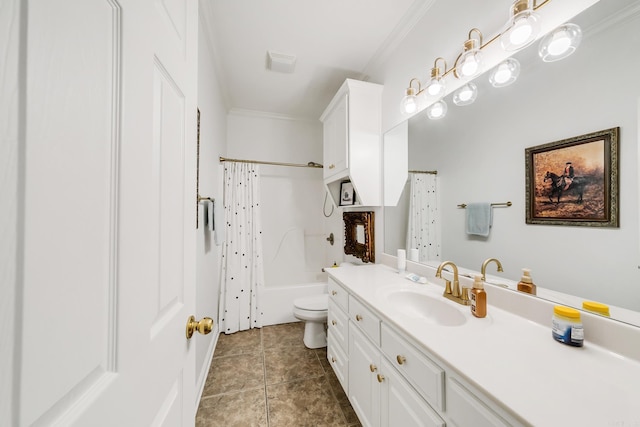 43 Earnhardt Cir, Cabot, AR 72023 - bathroom featuring ornamental molding, vanity, toilet, shower / tub combo, and tile patterned flooring
