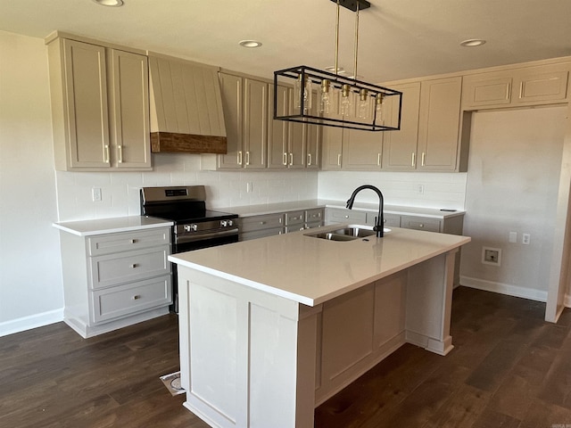 10683 W Miller Sardis, Bauxite, AR 72011 - kitchen featuring a sink, custom range hood, electric stove, dark wood-style flooring, and light countertops