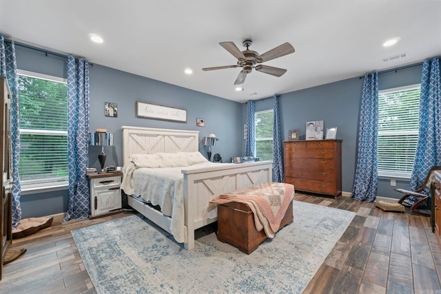 10820 W Sardis Rd, Bauxite, AR 72011 - bedroom with wood finished floors, multiple windows, recessed lighting, and ceiling fan