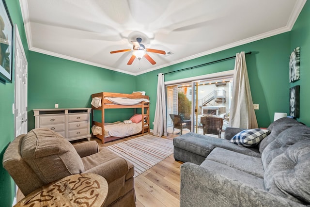 640 Ariridge Rd Unit D6, Hot Springs, AR 71913 - bedroom with wood finished floors, access to outside, ornamental molding, and a ceiling fan