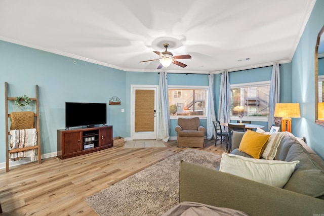 640 Ariridge Rd Unit D6, Hot Springs, AR 71913 - living room featuring ornamental molding, a ceiling fan, wood finished floors, and baseboards