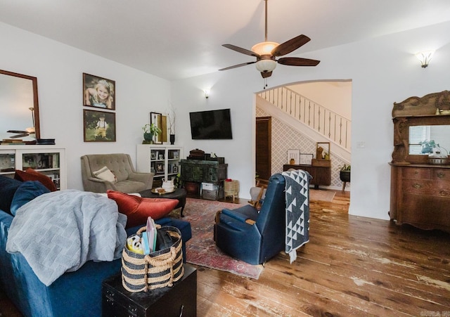 1112 Lawrence Ln, Benton, AR 72019 - living room featuring hardwood / wood-style flooring, ceiling fan, vaulted ceiling, and stairs
