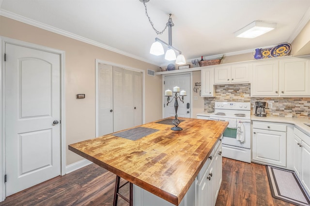 100 Discovery Bay Ln Unit 6, Hot Springs, AR 71913 - kitchen featuring white range with electric cooktop, wooden counters, crown molding, dark wood-style floors, and white cabinetry