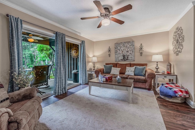 100 Discovery Bay Ln Unit 6, Hot Springs, AR 71913 - living area with wood finished floors, crown molding, ceiling fan, and a textured ceiling