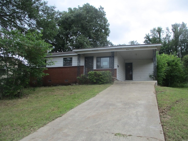 1407 E 38th St, Little Rock, AR 72206 - view of front of house featuring concrete driveway, a front lawn, brick siding, an attached carport, and crawl space