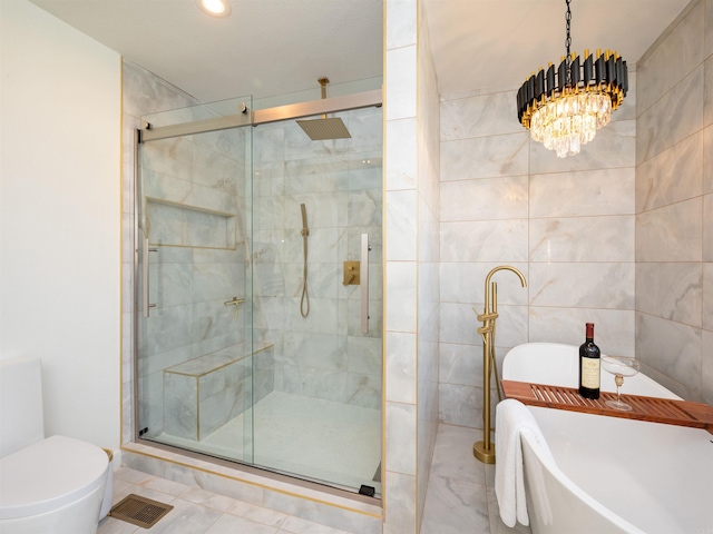 15 Brandywine Ln, Little Rock, AR 72227 - bathroom with a stall shower, a chandelier, a soaking tub, toilet, and tile walls