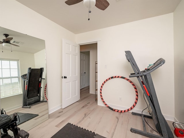 15 Brandywine Ln, Little Rock, AR 72227 - workout room featuring ceiling fan, wood finished floors, and baseboards