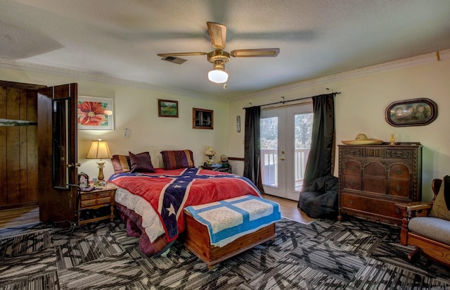 826 Carson Bridge Rd, Lonoke, AR 72086 - bedroom featuring french doors, access to exterior, a textured ceiling, crown molding, and a ceiling fan