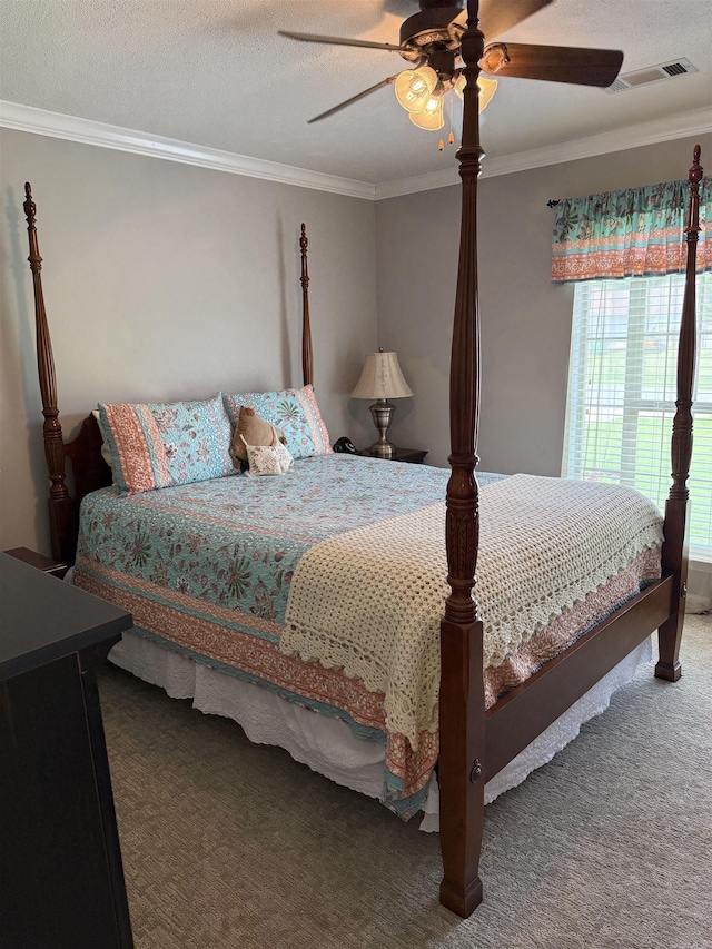 605 Shani Dr, Beebe, AR 72012 - bedroom featuring carpet floors, crown molding, a ceiling fan, and a textured ceiling