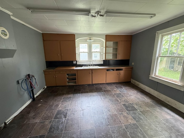 414 E 1st St, Rector, AR 72461 - kitchen with healthy amount of natural light, baseboards, crown molding, dark stone finish floors, and open shelves