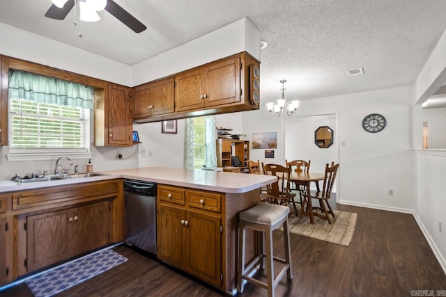 6221 Bray Dr, Benton, AR 72019 - kitchen featuring dishwasher, a sink, a peninsula, light countertops, and a ceiling fan