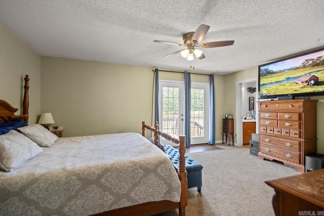 6221 Bray Dr, Benton, AR 72019 - bedroom featuring access to exterior, carpet, a textured ceiling, and ceiling fan