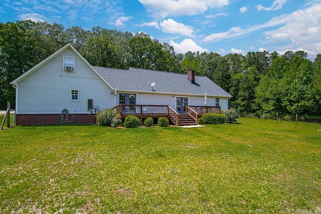 6221 Bray Dr, Benton, AR 72019 - back of house featuring french doors, a wooden deck, a lawn, a chimney, and view of wooded area
