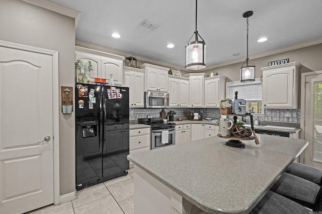 108 Chimney Rock Rd, Beebe, AR 72012 - kitchen featuring stainless steel appliances, backsplash, pendant lighting, light tile patterned floors, and ornamental molding