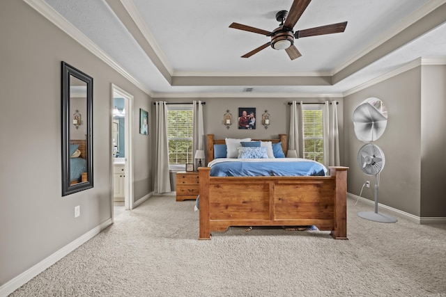 108 Chimney Rock Rd, Beebe, AR 72012 - bedroom featuring light carpet, multiple windows, a tray ceiling, crown molding, and connected bathroom