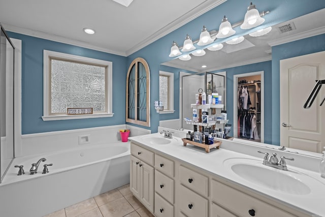 108 Chimney Rock Rd, Beebe, AR 72012 - bathroom with double vanity, a garden tub, tile patterned flooring, ornamental molding, and a stall shower