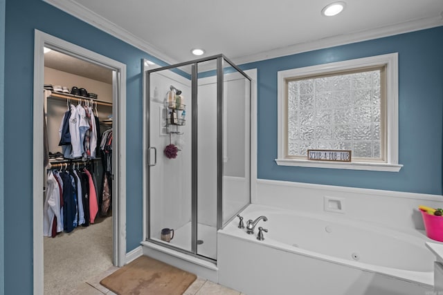 108 Chimney Rock Rd, Beebe, AR 72012 - bathroom featuring a shower stall, ornamental molding, a whirlpool tub, a walk in closet, and recessed lighting