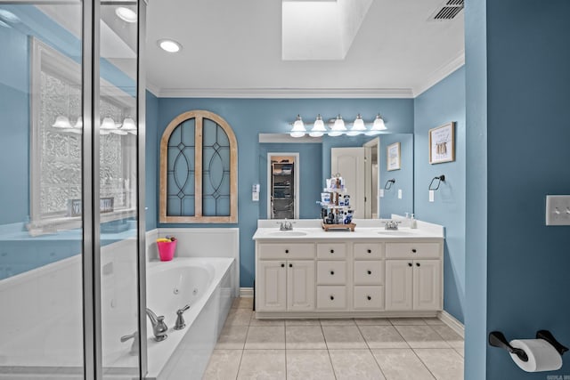 108 Chimney Rock Rd, Beebe, AR 72012 - full bathroom with ornamental molding, a jetted tub, double vanity, a stall shower, and tile patterned floors